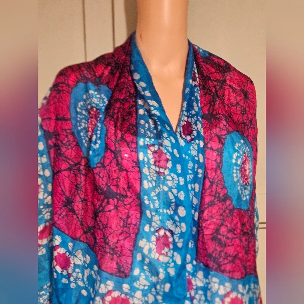 100% Pure Silk Batik Scarf Wrap – Made in India Blue Pink Boho